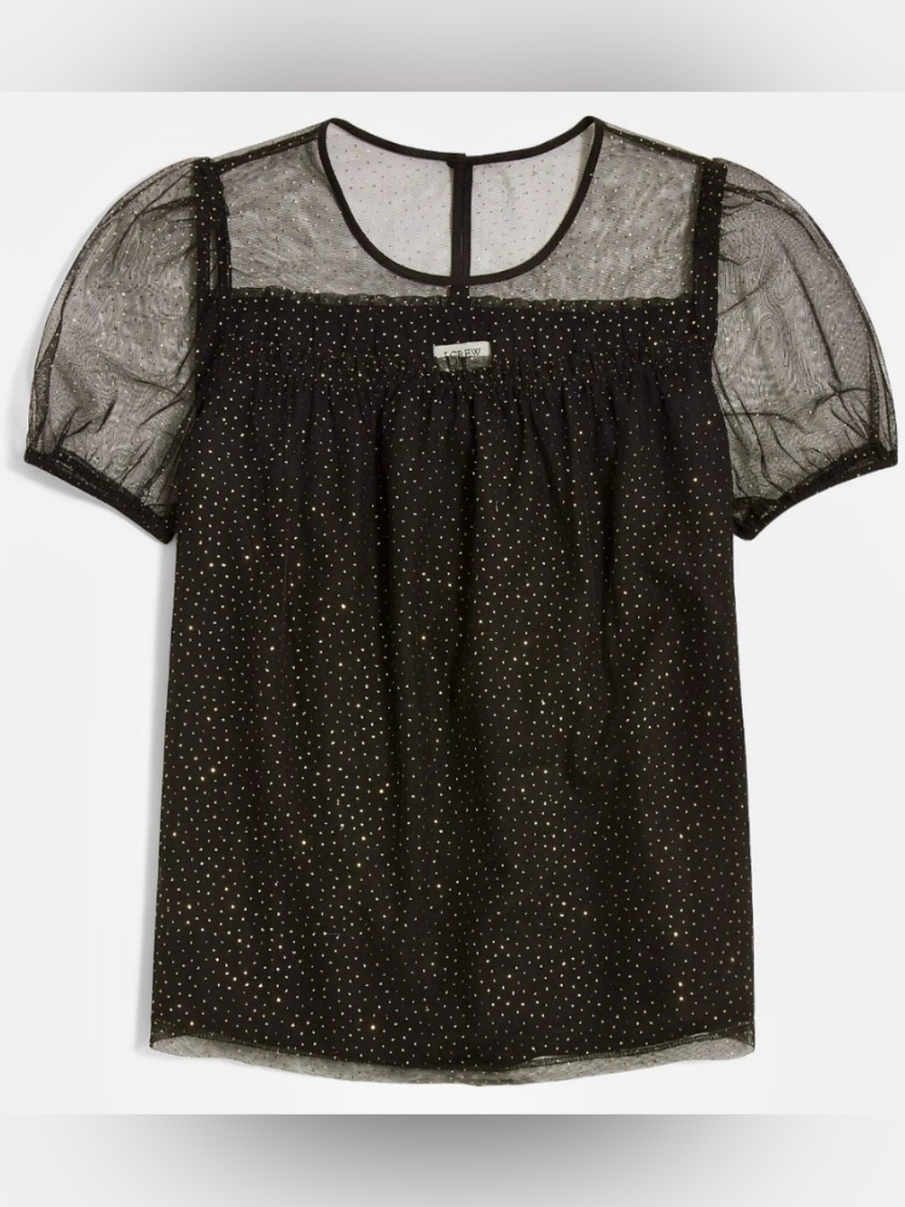 NWT J. Crew - Black Sheer Gold Dot Puff-Sleeve Top